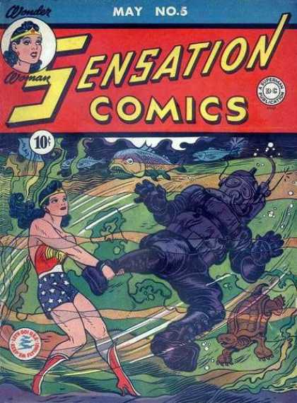 Wonder Woman - Fish - Underwater - Turtle - Fight Sensation Comics 5 - Wonder Woman - Fish - Underwater - Turtle - Fight