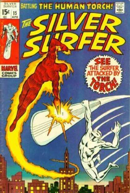 Silver Surfer 15 - The Human Torch - Comics Code - Marvel Comics Group - See The Surfer - City - Joe Sinnott