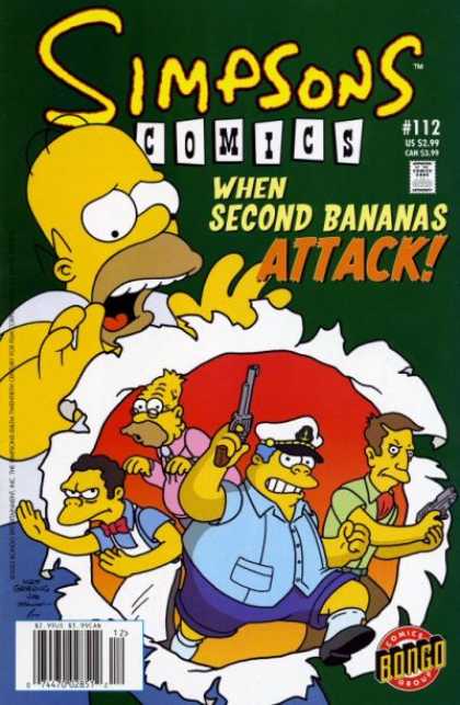 Simpsons Comics 112 - When Second Bananas Attack - Scared Homer - Skinner With Gun - Wiggum With Captains Hat - Bongo Comics - Jason Ho, Matt Groening