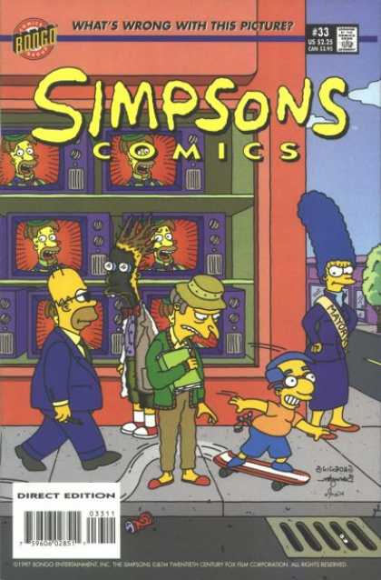 Simpsons Comics 33 - Whats Wrong With This Picture - Red And White Skateboard - Tv Sets In Shop Window - Mayor Banner On Marge - Green Sweater