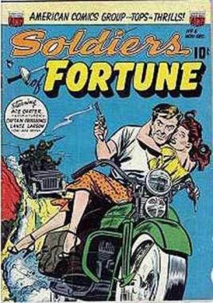 Soldiers of Fortune 5 - American Conics Group-tops-thrills - A Man And A Lady Going In The Bike - A Man Having Gun In His Hand - This Picture Indicate That The Man Helping The Girl - Her Some Peoples Are Following The Both Man And The Girl To Kill