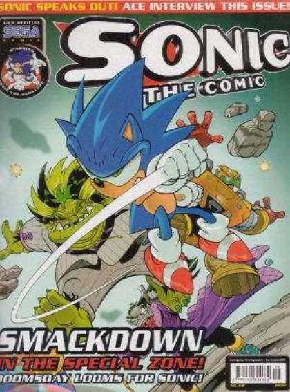 Sonic the Comic 216 - Hedgehog - Swinging A Punch - Green Monster - Orange Metallic Villain - Rocks Flying