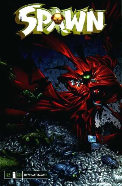 Spawn 122 - Spawn Comics - Green Eyes In Back Ground - Number 122 - Red Cape In Back Ground - Bugs In Forground - Greg Capullo