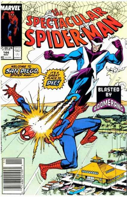 Spectacular Spider-Man (1976) 144 - Blasted By Boomerang - Marvel - Welcome To San Diego - Boats - Palm Trees - Sal Buscema