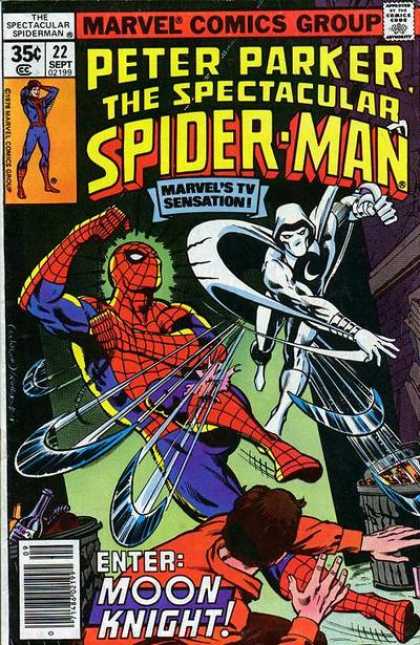 Spectacular Spider-Man (1976) 22 - Marvel Comics Group - Marvels Tv Sensation - Moon Knight - Garbage Cans - Moon Shaped Blades