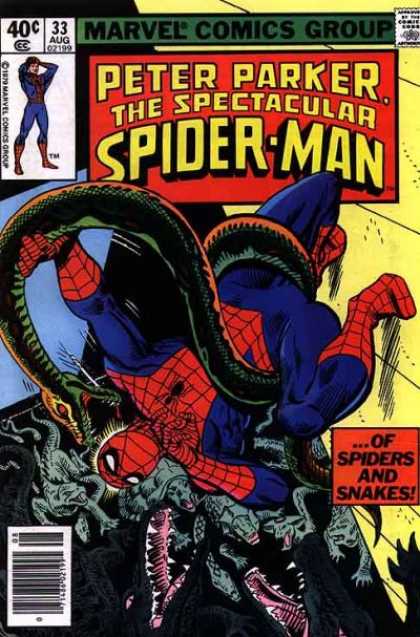Spectacular Spider-Man (1976) 33 - Secret Identity - Reptiles - Snakes - Crocs - Jeopardy - Jim Mooney
