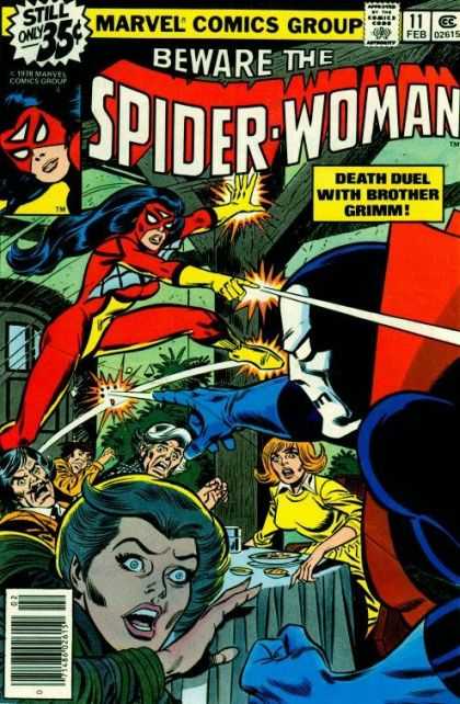 Spider-Woman 11 - Fight - Brother Grimm - Marvel - Dinner Party - Lasers - Carmine Infantino