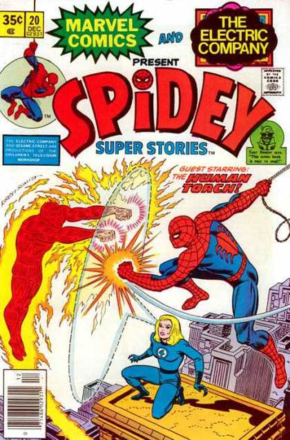 Human Torch - Spoiderman - Rooftops - The Electric Company - Shield - Jack Kirby Spidey Super Stories 20 - Human Torch - Spoiderman - Rooftops - The Electric Company - Shield - Jack Kirby