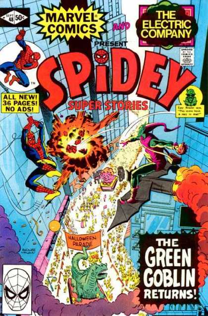 Real Flying - Flying Comics - Thinking Hero - Electric Company - Green Goblin - Richard Buckler Spidey Super Stories 48 - Real Flying - Flying Comics - Thinking Hero - Electric Company - Green Goblin - Richard Buckler