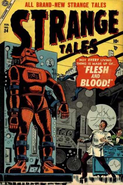 Robot - Flesh And Blood - Mad Scientist - Laboratory - Metal Man Strange Tales 34 - Robot - Flesh And Blood - Mad Scientist - Laboratory - Metal Man