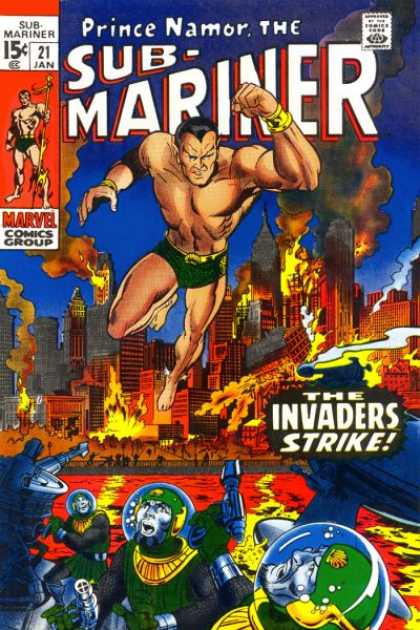 Sub-Mariner (1968) 21 - Prince Namor - Invaders Strike - Burning Buildings - Guns - Fire