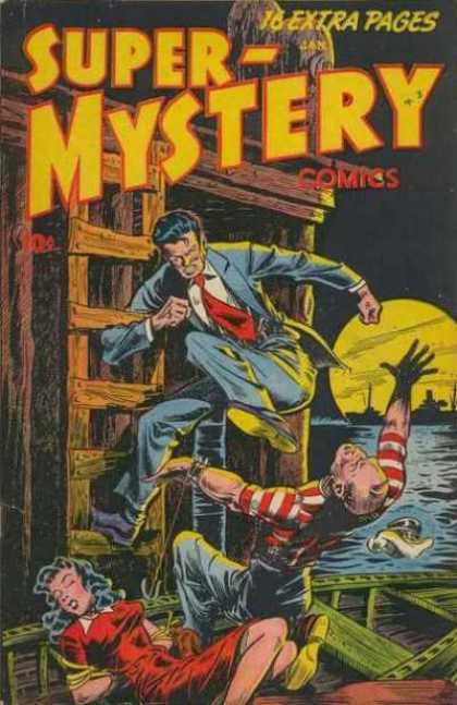 Super-Mystery Comics 39 - Fight - Fainted Woman - Boat - Kick - Water