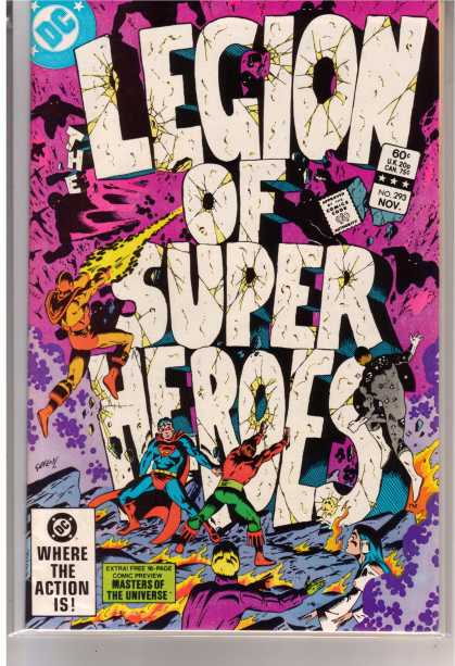 Superboy - Legion of Super-Heroes - Superman - White Letters - Legion - Super Heroes - Firing At Stones