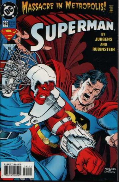Superman (1987) 92 - Jurgens And Rubinstein - Massacre In Metropolis - Issue 92 - Superman Getting Hit By A Red Man - Jurgens - Dan Jurgens, Jerry Ordway