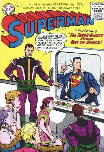 Superman 104 - March Issue - Planets Listed On Tv Screen - Multi Generation Family - Writing On Upper Left Hand Corner Above Price - Early 1960s