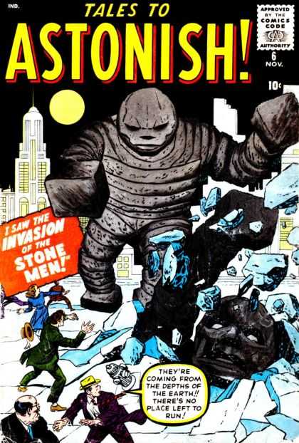 Tales to Astonish 6 - Invasion Of The Stone Men - Large Gray Monsters - Crowds Racing Away - Broken Streets - Full Moon - Jack Kirby, John Buscema