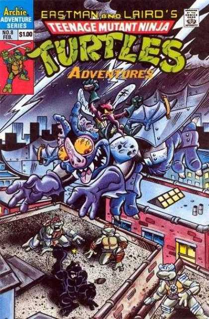 Teenage Mutant Ninja Turtles Adventures 2 8 - Roof Top - Lightening - Flying Bug With Yellow Eyes - Little Bug Throwing Rocks - Black Turtle