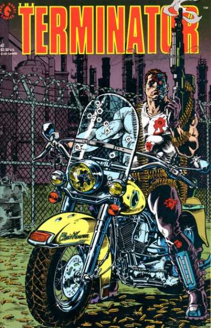 Terminator (1990) 2 - Motorcycle - Cyborg - Guns - Bulletholes - Barbed Wire