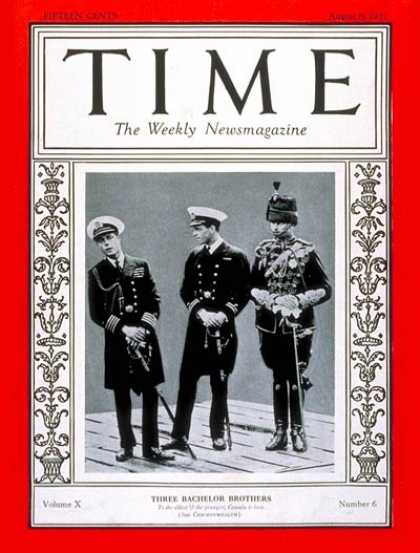 Time - Prince Edward, Prince Henry & Prince George - Aug. 8, 1927 - Royalty - Great Bri