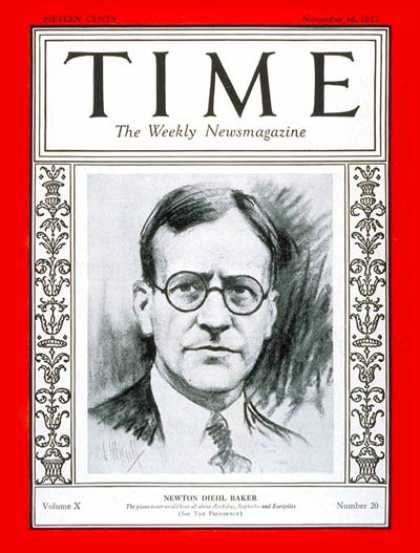 Time - Newton D. Baker - Nov. 14, 1927 - World War I - Democrats