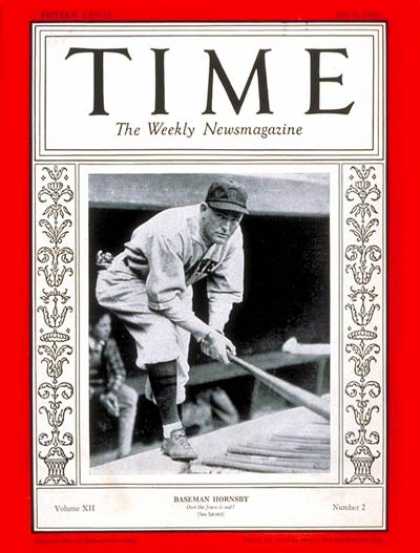 Time - Rogers Hornsby - July 9, 1928 - Baseball - Sports