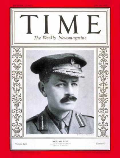 Time - Julian H.G. Byng - July 16, 1928 - World War I - Great Britain