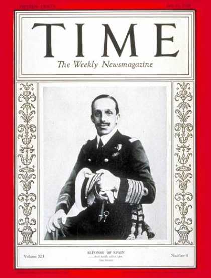Time - King Alfonso XIII - July 23, 1928 - Royalty - Spain
