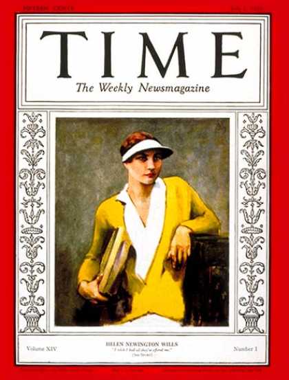 Time - Helen Wills - July 1, 1929 - Tennis - Women - Sports