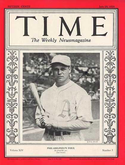 Time - Jimmie Foxx - July 29, 1929 - Baseball - Philadelphia - Sports