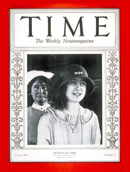 Time - Duchess of York - Aug. 11, 1930 - Royalty - Great Britain
