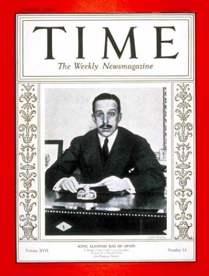 Time - King Alfonso XIII - Apr. 6, 1931 - Royalty - Spain