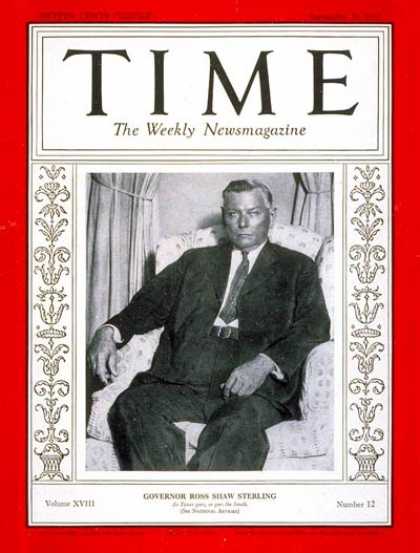 Time - Governor Ross S. Sterling - Sep. 21, 1931 - Governors - Politics - Texas