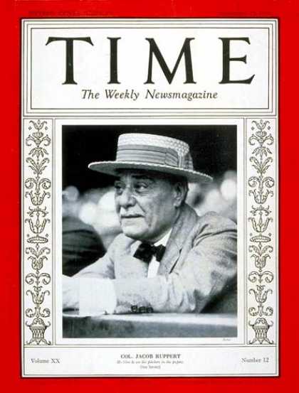 Time - Colonel Jacob Ruppert - Sep. 19, 1932 - Baseball - Sports