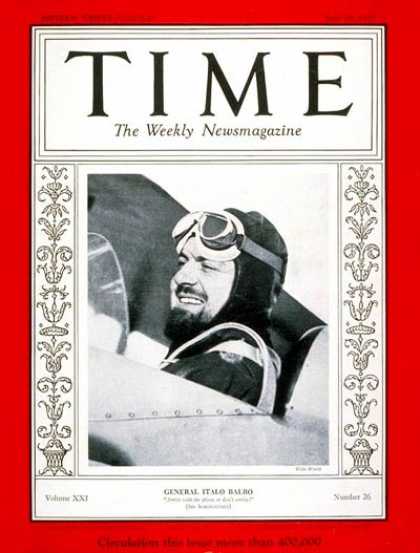 Time - General Italo Balbo - June 26, 1933 - World War I - Aviation - Italy - Generals