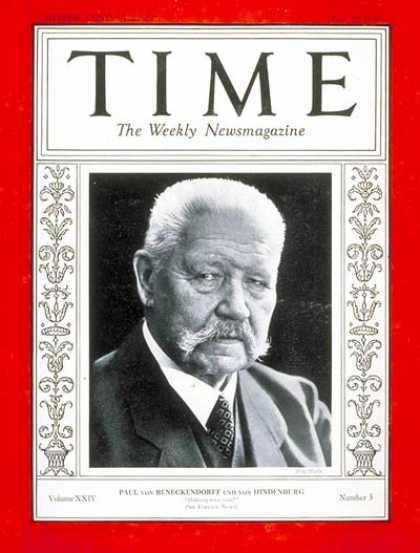 Time - Paul von Hindenburg - July 16, 1934 - World War I - Germany