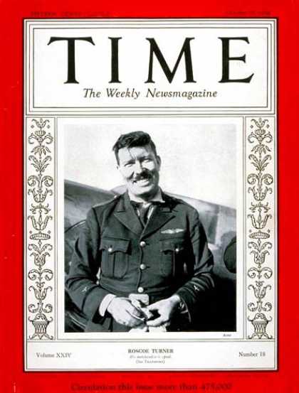 Time - Roscoe Turner - Oct. 29, 1934 - Aviation - Sports