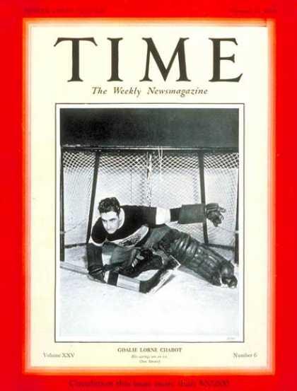 Time - Lorne Chabot - Feb. 11, 1935 - Hockey - Sports