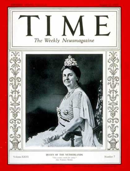 Time - Queen Wilhelmina - Aug. 12, 1935 - Royalty - Netherlands