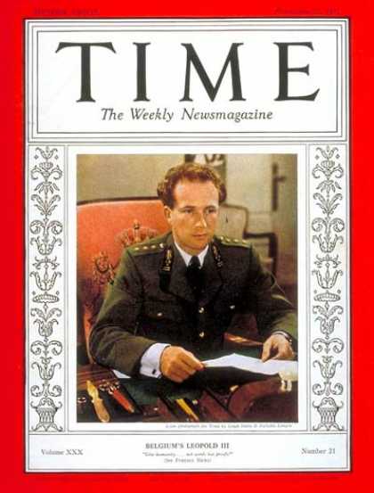Time - King Leopold III - Nov. 22, 1937 - Royalty - Belgium