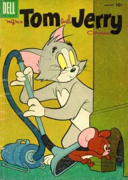 Tom & Jerry Comics 150 - Dell - Blue Vacuum - Yellow Eyes - Green Wall - Grey Cat