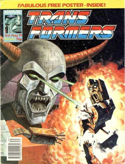 Transformers (UK) 320 - Fabulous Free Poster - Huge Horned Robot - Shooting Beams From Eyes - Destroyed Robot - Outer Space