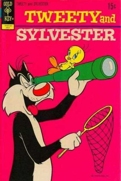 Tweety and Sylvester 25 - On Telescope - Lens - Looking - Net - Mouth Open