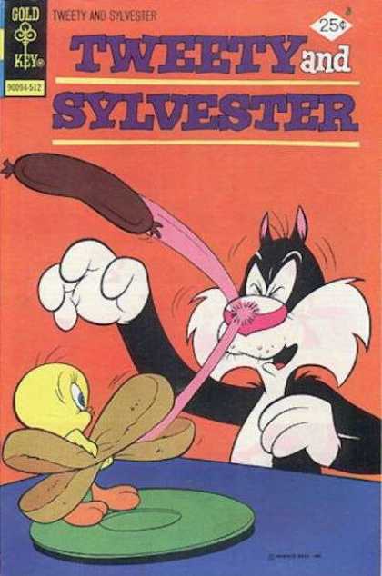 Tweety and Sylvester 52 - Cat - Yellow Bird - Hot Dog - Green Plate - Bread