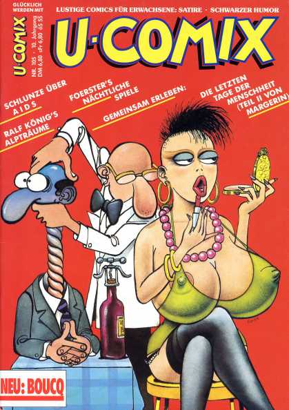 U-Comix 103 - German Comic - Adult Comic - Large Nipples And Even Larger Breasts - Cranking Mans Neck Instead Of Bottle Opener - Woman Applying Makeup