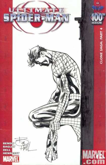 Ultimate Spider-Man 100 - Bob Hall - Marvel - Black And White - Costume - Mask Off - Kneeling