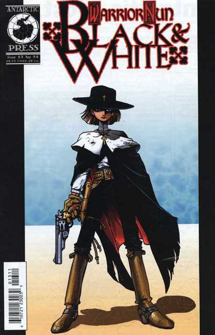 Warrior Nun: Black & White 13 - Antarctic Press - Black Hat With Cross - Gold Cross - Cape - Tall Boots