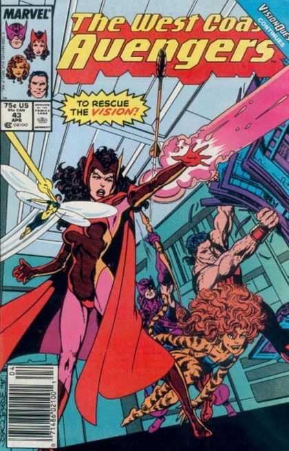West Coast Avengers 43 - To Rescue The Vision - Tiny Dragonfly Like Hero - Tiger Striped Woman - Tearing Apart Object - Red Cape - John Byrne