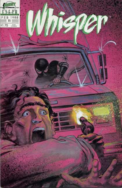 Whisper 11 - Person In Black Ninja Clothes - Truck With Bullet Holes In The Windshield - Man With Gun Running From Truck - Car Chase - Purple Background - Norm Breyfogle