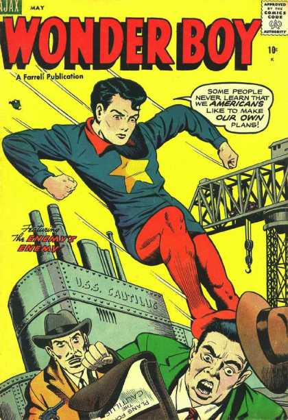 Wonder Boy 17 - Super Hero - Boy On Front With Star On Chest - Two Men On Bottom Being Kicked By Boy - Ship In Back Ground - Enemys Enemy