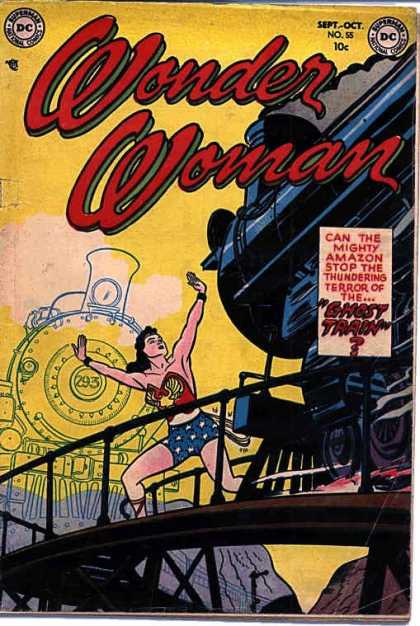 Wonder Woman 55 - Ghost Train - Iron Bridge - Blue Shorts With Stars - Can The Might Amazon Stop The The Thundering Terror - Blace Train With Cow Catcher